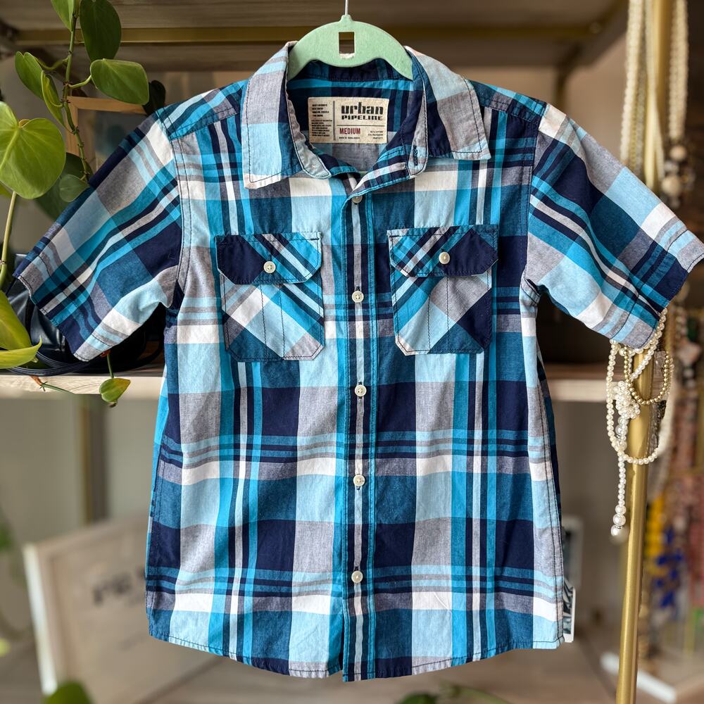 Urban Pipeline Boys Medium Blue Plaid Short Sleeve Button Down Shirt 2-Pocket
